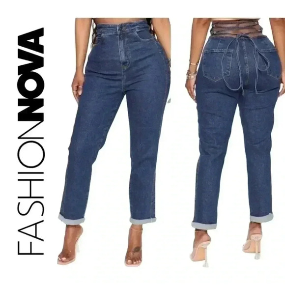 Fashion Nova Denim - Fashion Nova Tie Em Up High Rise Boyfriend Denim Jeans Lace Up Back Plus Size 15